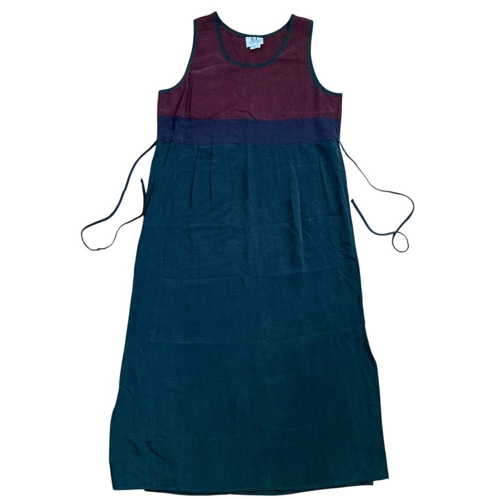 90's Sleeveless Tie Waist Burgundy Green Midi Slip Dress Sz 14P Artsy Lagenlook